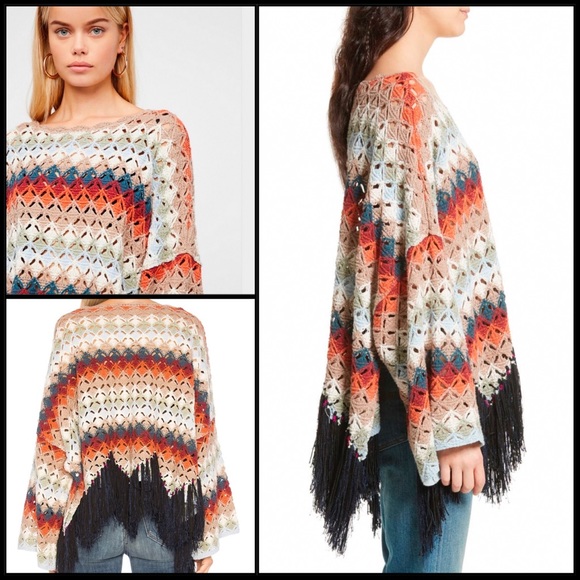 Free People Fringe Hem Crochet Wide Sleeve Poncho - Picture 2 of 9